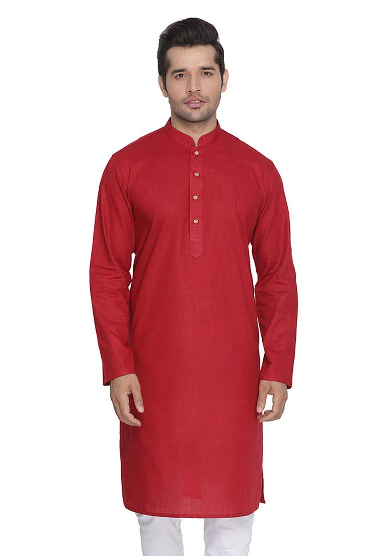 Red Solid Cotton Kurta Pyjama Set For Men