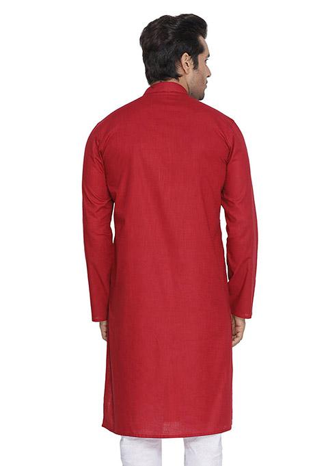 Red Solid Cotton Kurta Pyjama Set For Men
