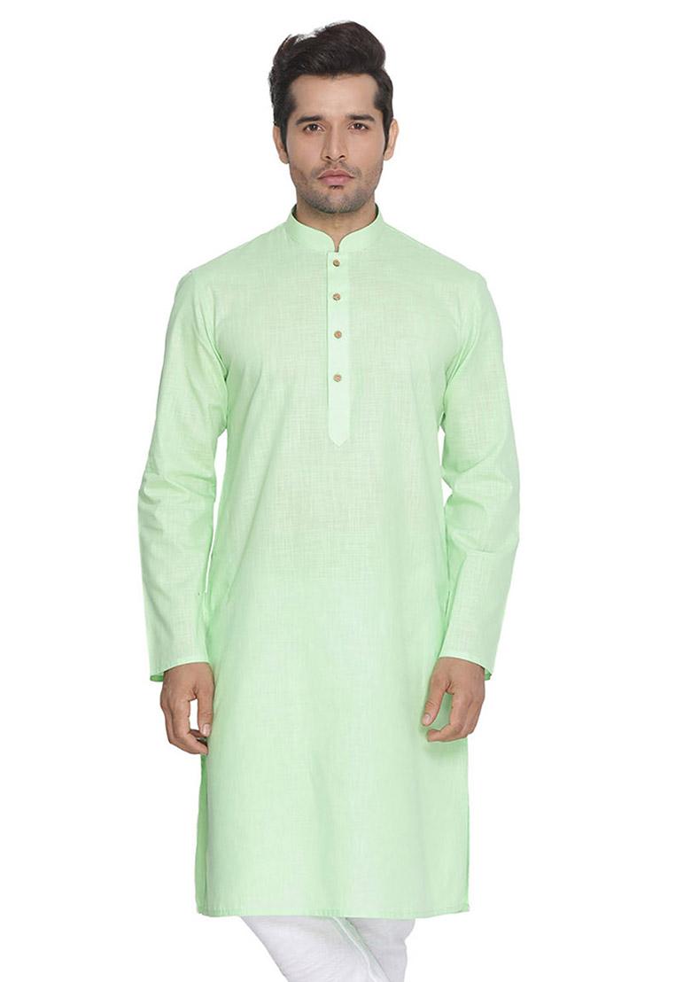 Light Green Solid Cotton Kurta Pyjama Set For Men