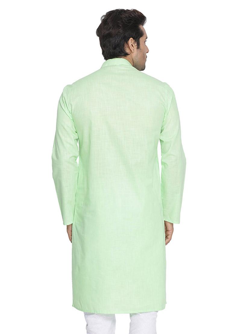 Light Green Solid Cotton Kurta Pyjama Set For Men