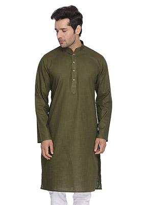 Olive Green Solid Cotton Kurta Pyjama Set For Men