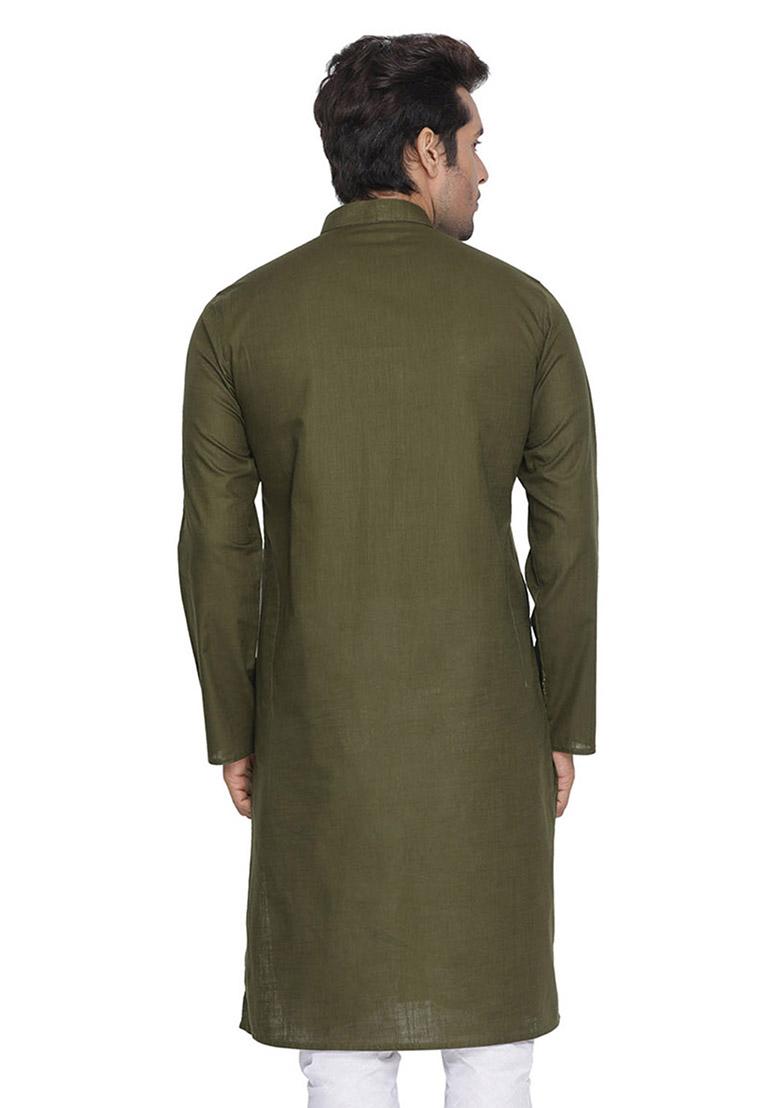 Olive Green Solid Cotton Kurta Pyjama Set For Men