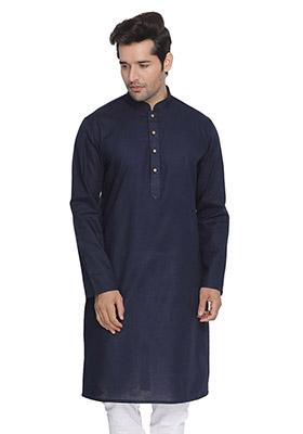 Navy Blue Solid Cotton Kurta Pyjama Set For Men
