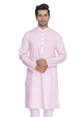 Baby Pink Solid Cotton Kurta Pyjama Set For Men