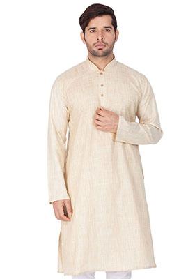 Cream Solid Cotton Kurta Pyjama Set For Men