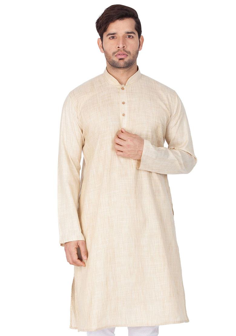 Cream Solid Cotton Kurta Pyjama Set For Men