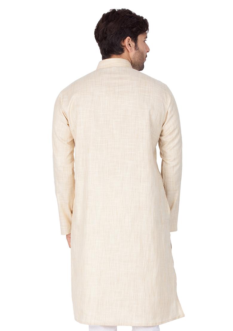 Cream Solid Cotton Kurta Pyjama Set For Men