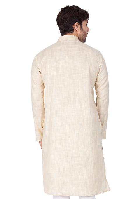 Cream Solid Cotton Kurta Pyjama Set For Men