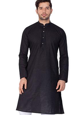Black Solid Cotton Kurta Pyjama Set For Men