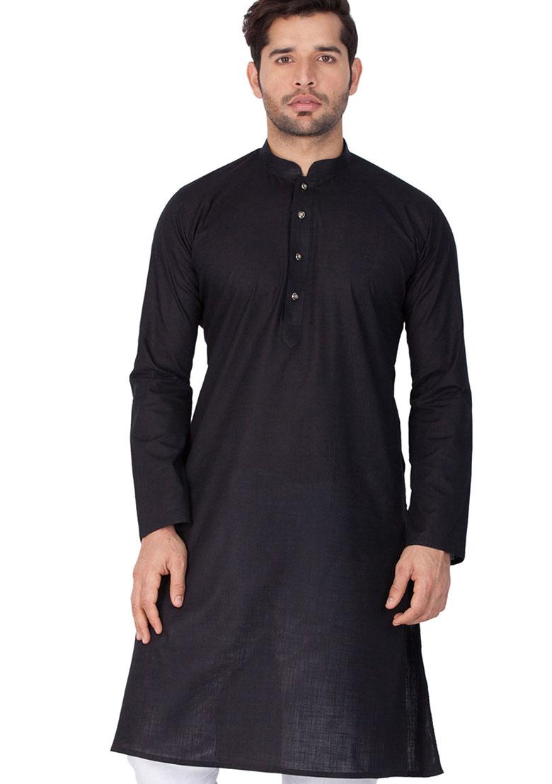 Black Solid Cotton Kurta Pyjama Set For Men