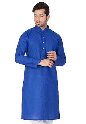 Royal Blue Solid Cotton Kurta Pyjama Set For Men