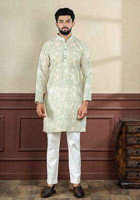 Pista Green Printed Linen Kurta Set For Men