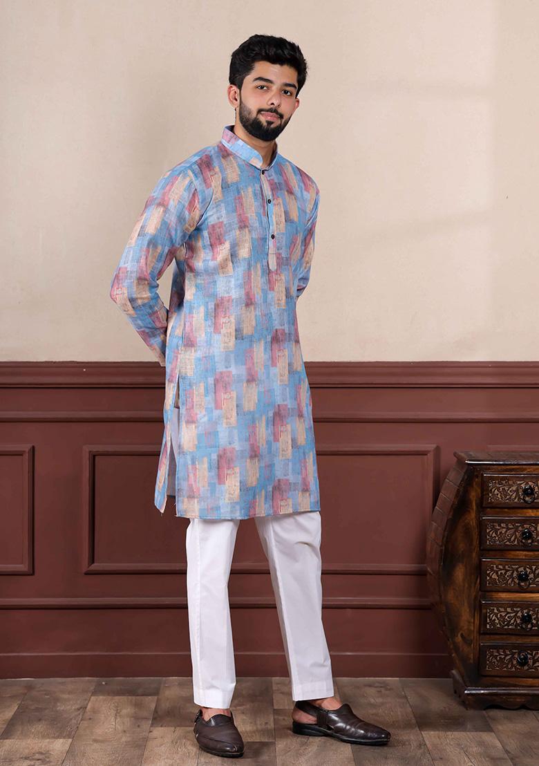 Blue Printed Linen Kurta Set For Men