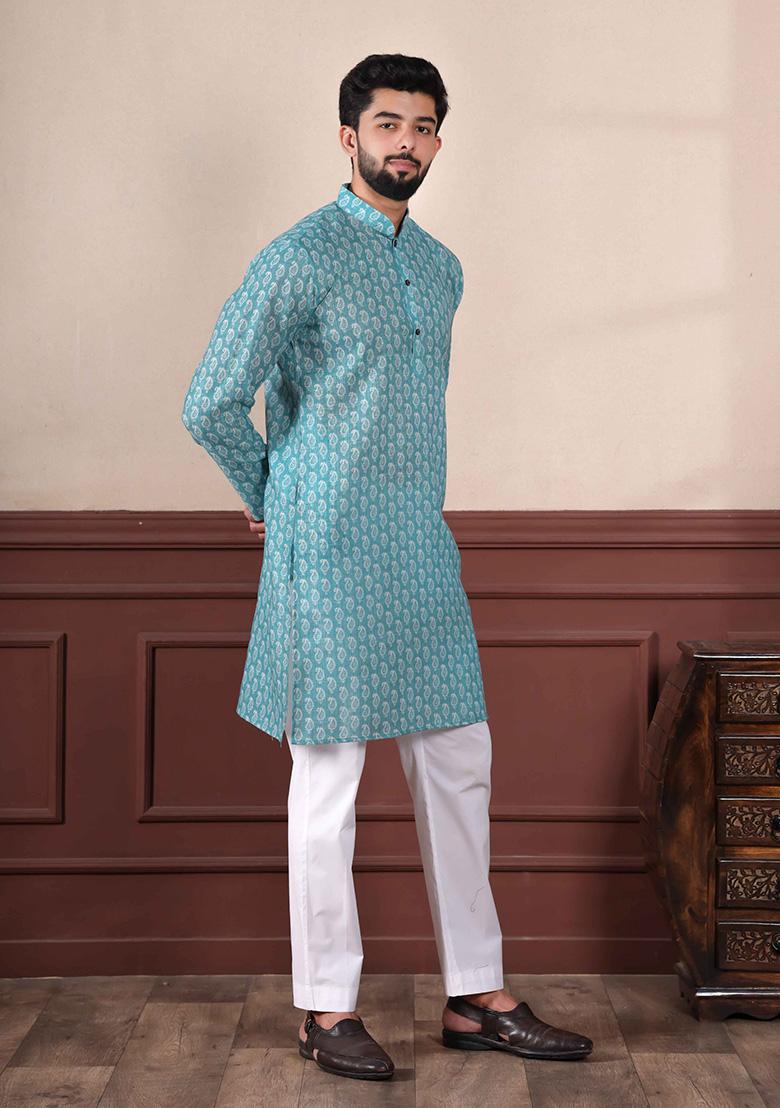 Aqua Blue Printed Linen Kurta Set For Men