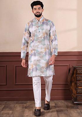 Off White Printed Linen Kurta Set For Men