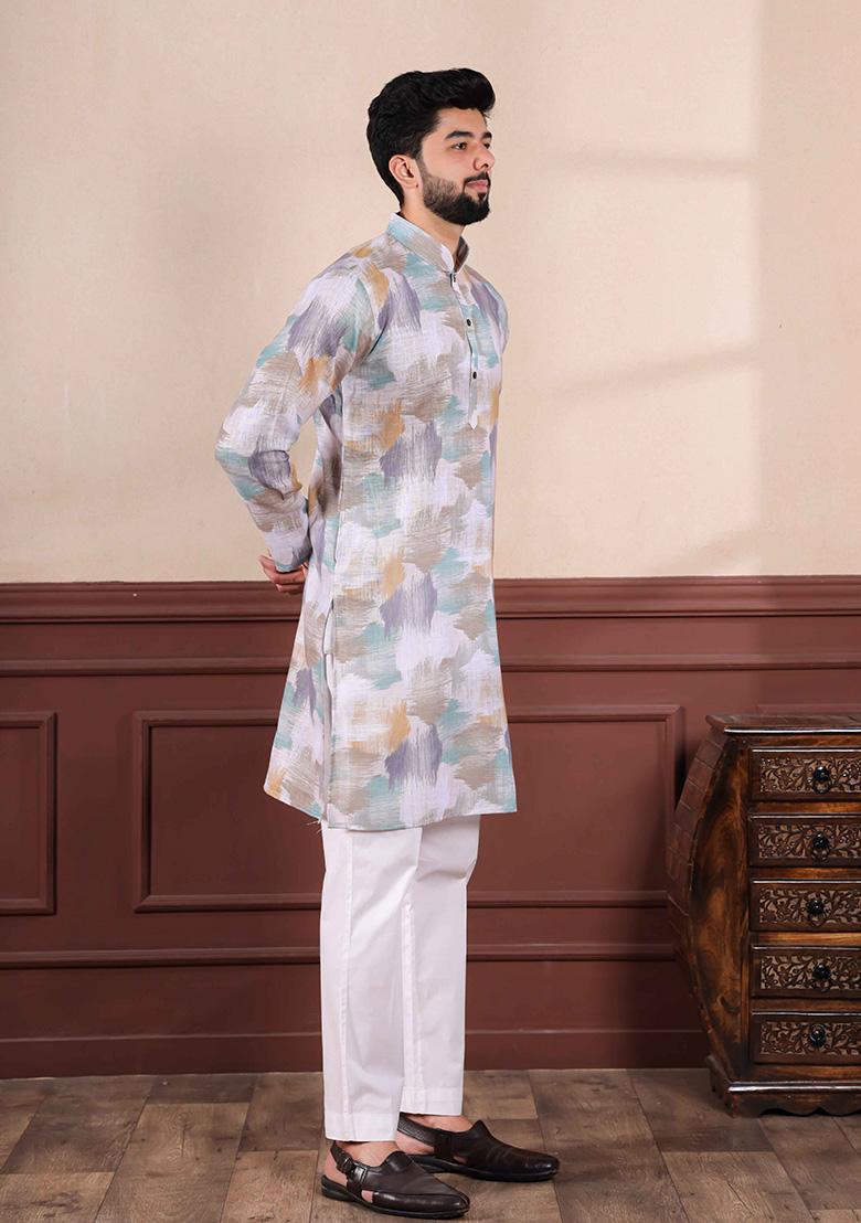 Off White Printed Linen Kurta Set For Men