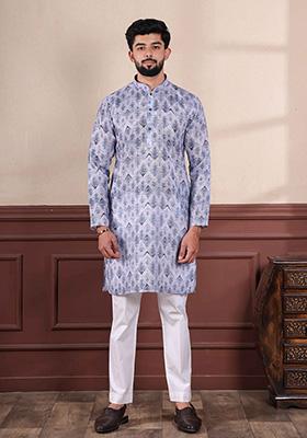 Denim Blue Printed Linen Kurta Set For Men