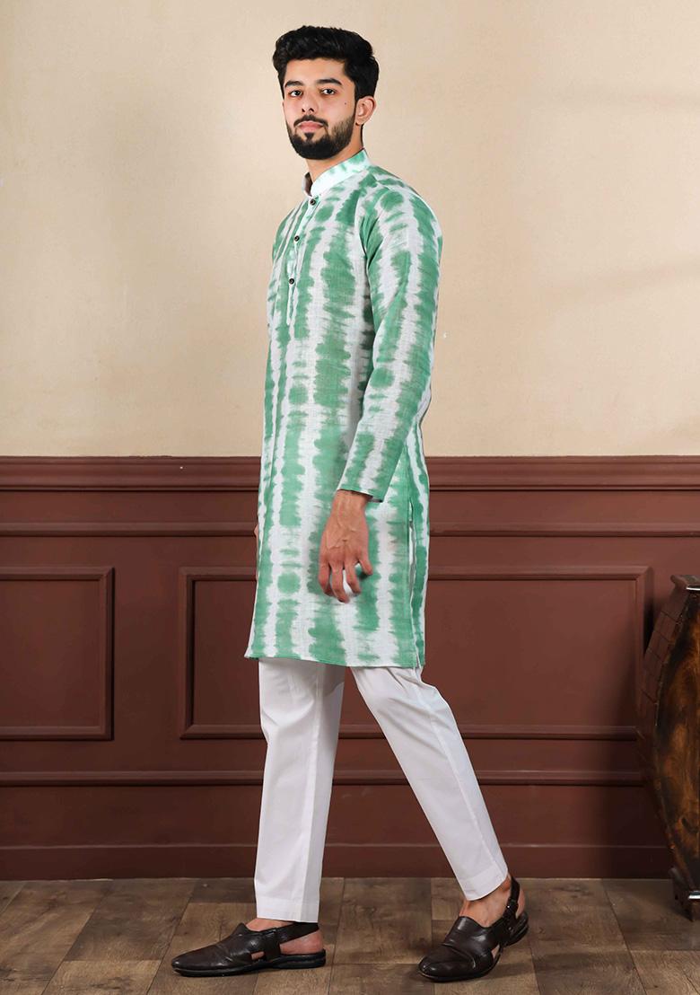 Green Printed Linen Kurta Set For Men