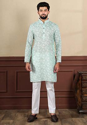 Light Green Printed Linen Kurta Set For Men