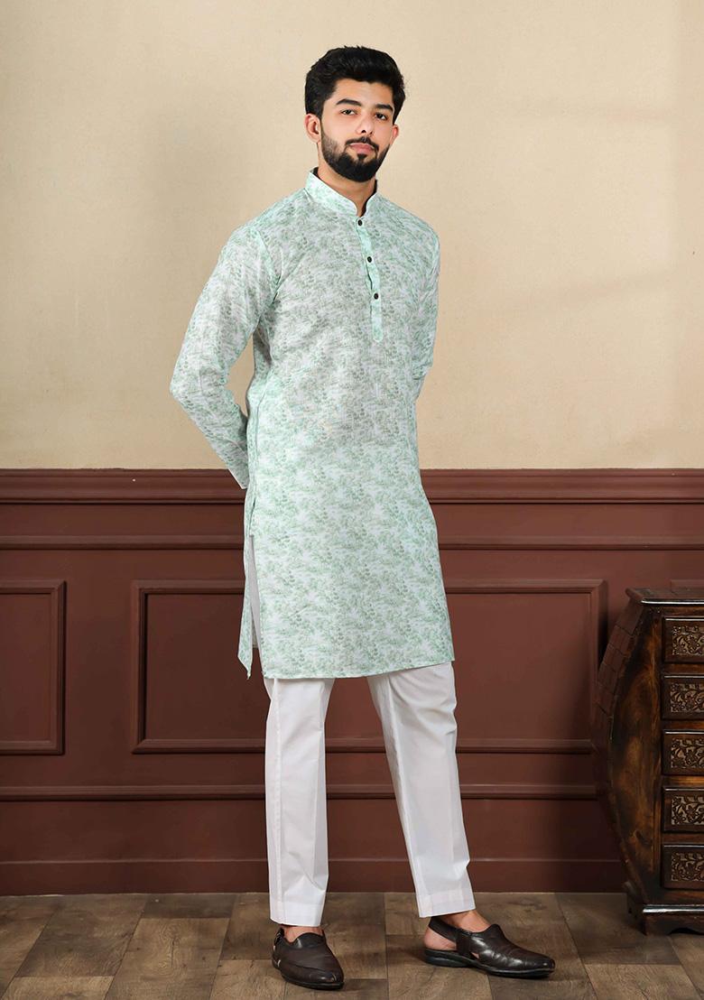 Light Green Printed Linen Kurta Set For Men