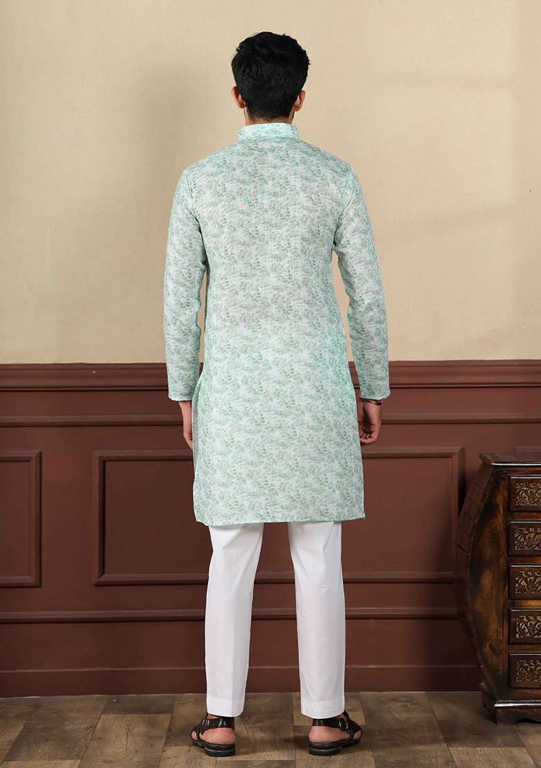 Light Green Printed Linen Kurta Set For Men - Indya