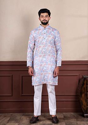 Lavender Printed Linen Kurta Set For Men