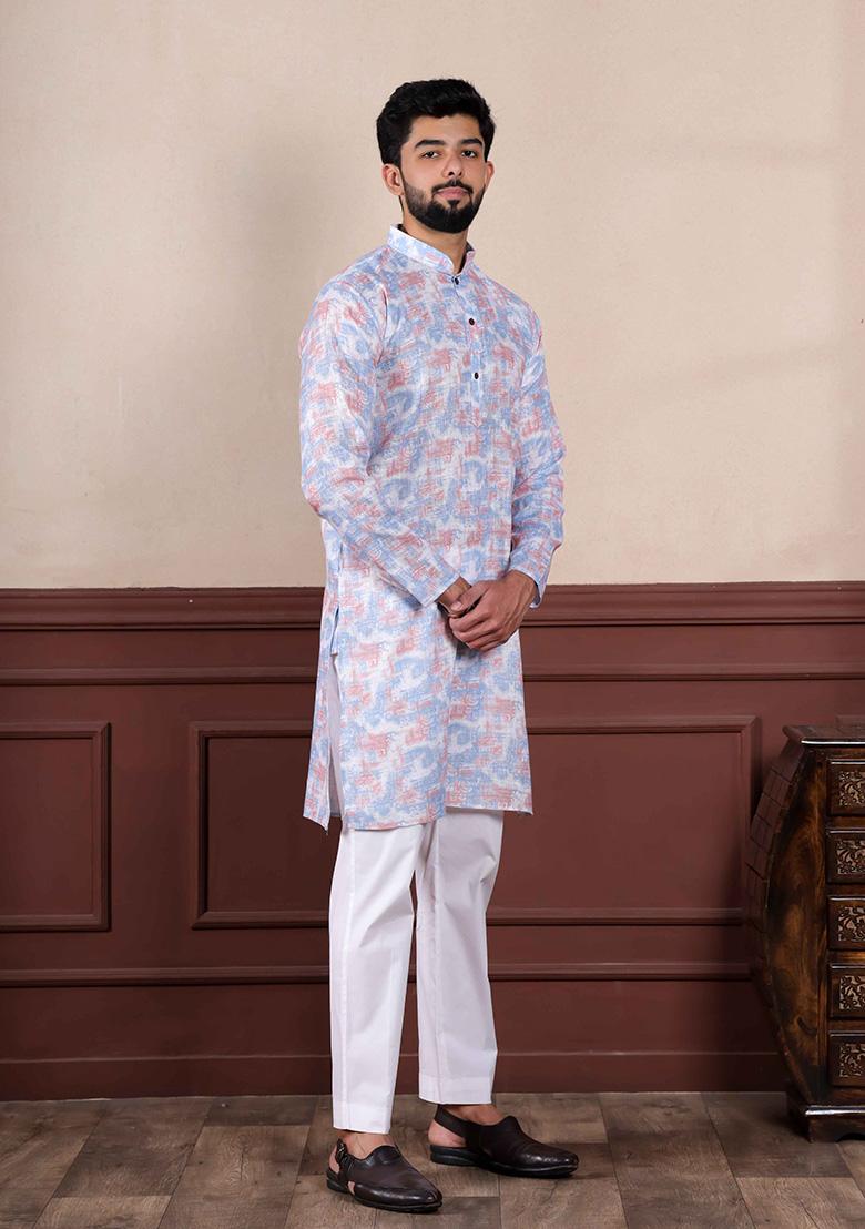 Lavender Printed Linen Kurta Set For Men
