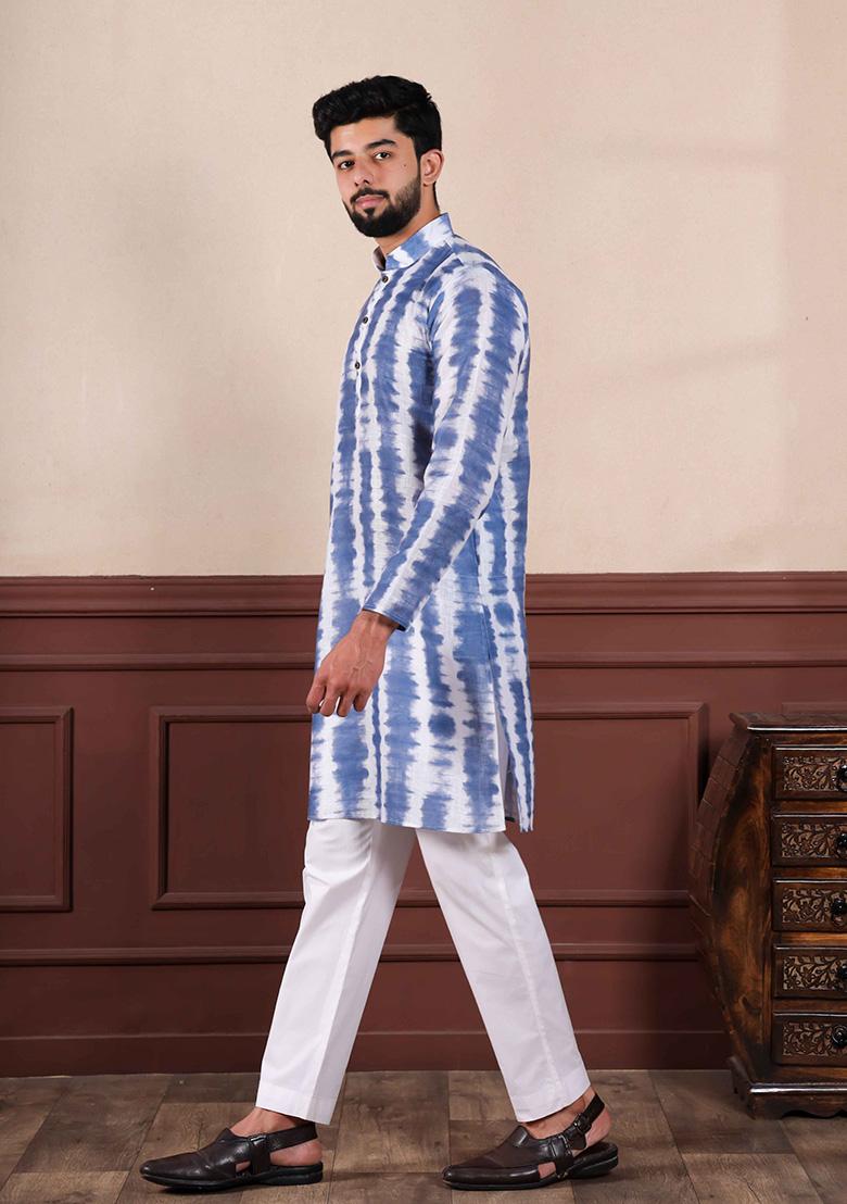 Navy Printed Linen Kurta Set For Men