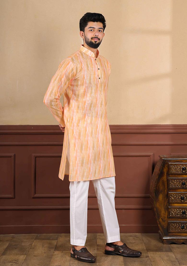 Peach Printed Linen Kurta Set For Men