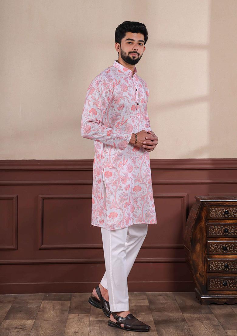 Pink Printed Linen Kurta Set For Men