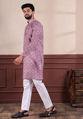 Purple Printed Linen Kurta Set For Men
