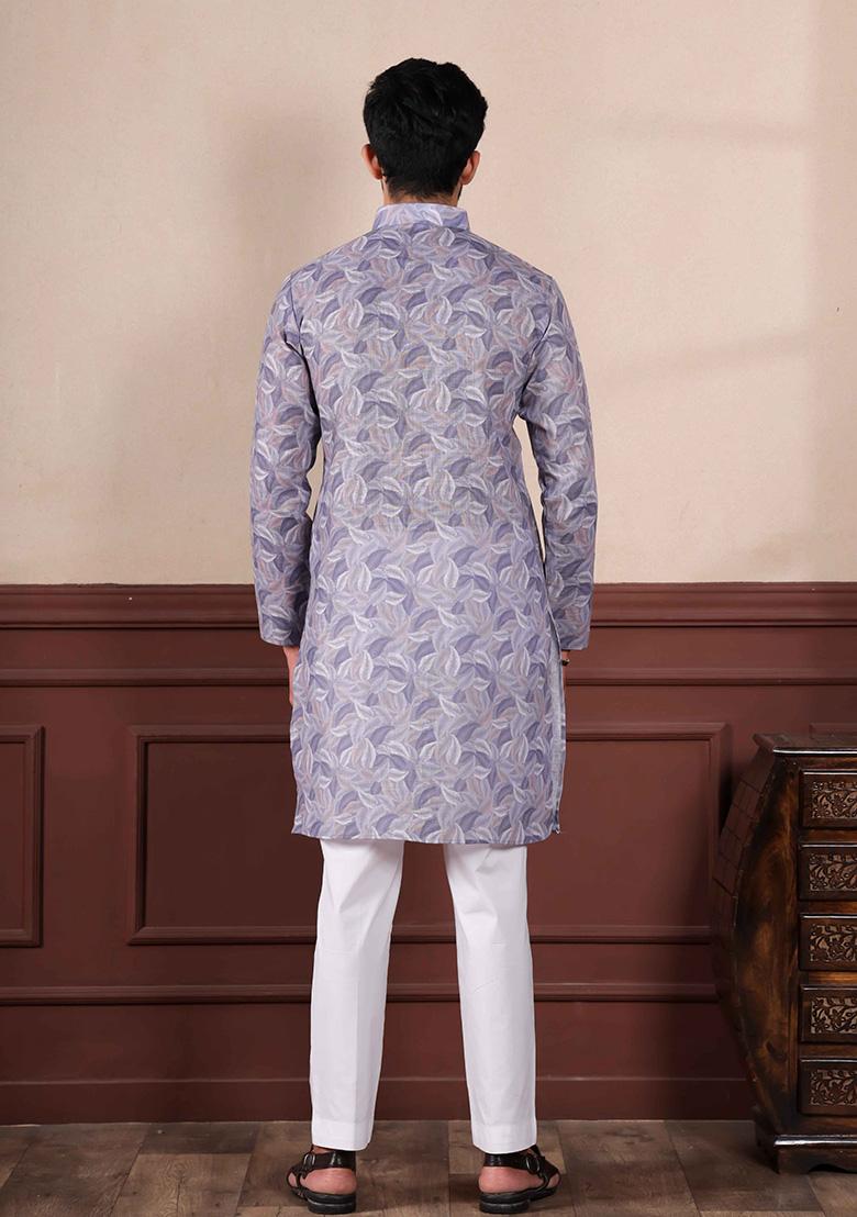 Violet Printed Linen Kurta Set For Men