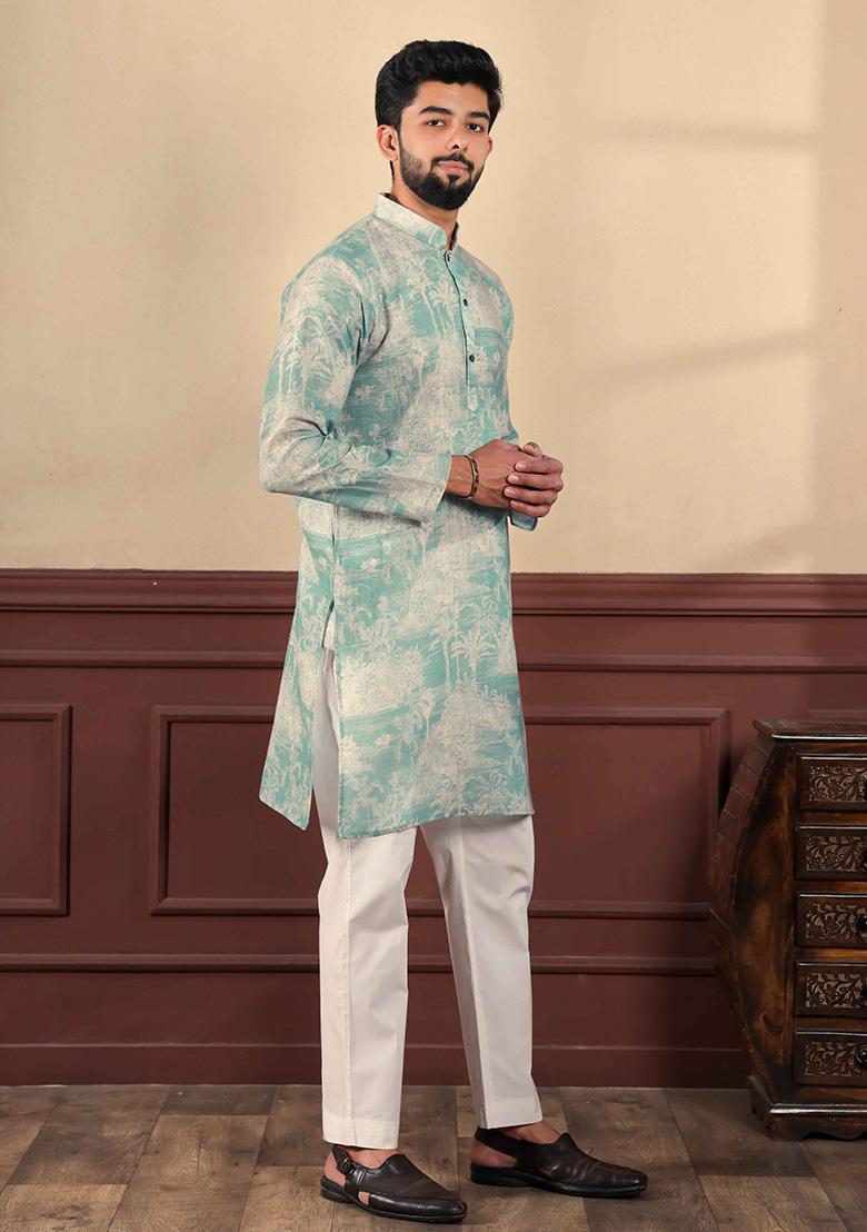 Aqua Green Printed Linen Kurta Set For Men