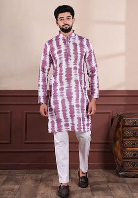 Wine Printed Linen Kurta Set For Men