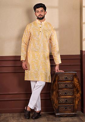 Gold Printed Linen Kurta Set For Men