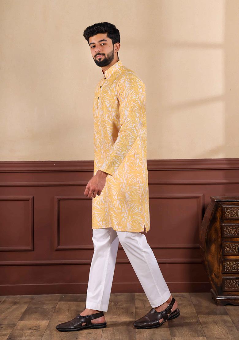 Gold Printed Linen Kurta Set For Men