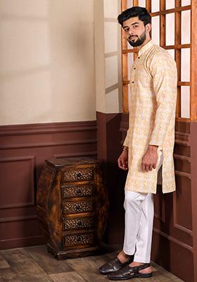 Yellow Printed Linen Kurta Set For Men