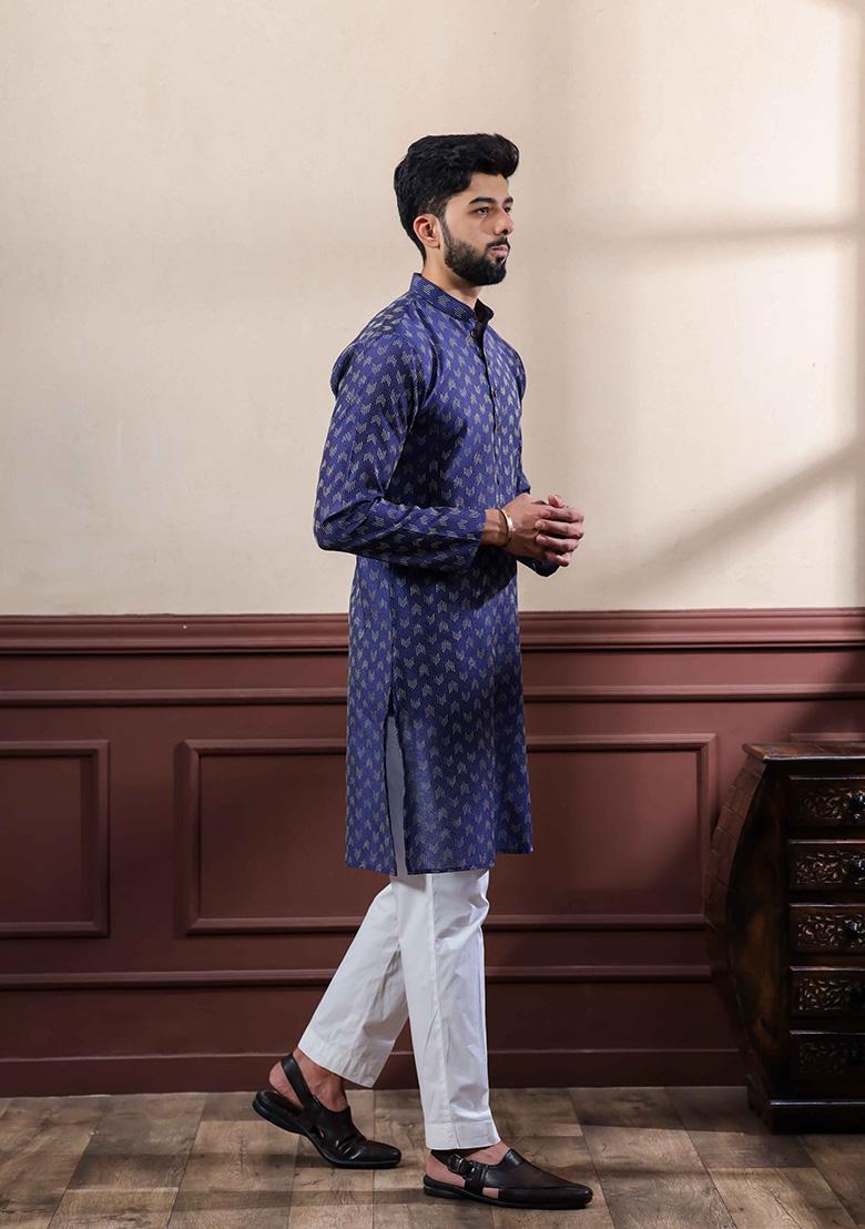 Navy Printed Cotton Kurta Set For Men