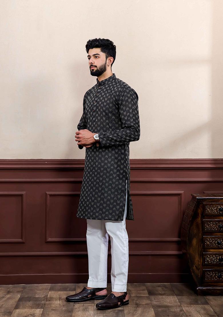 Black Printed Cotton Kurta Set For Men