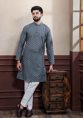 Grey Printed Cotton Kurta Set For Men