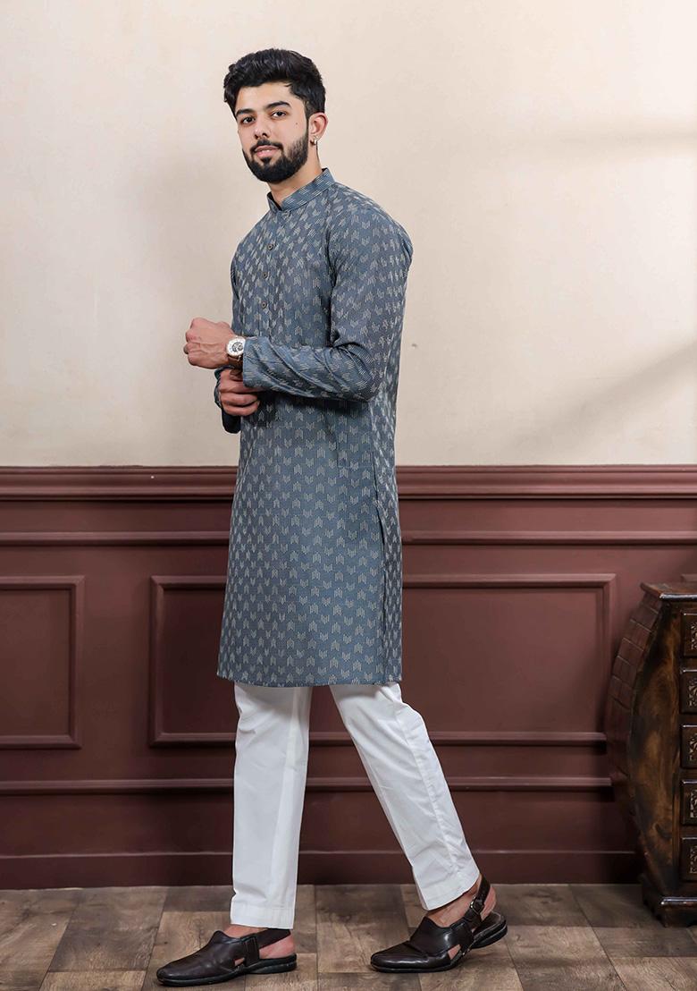 Grey Printed Cotton Kurta Set For Men