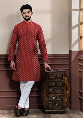 Red Printed Cotton Kurta Set For Men