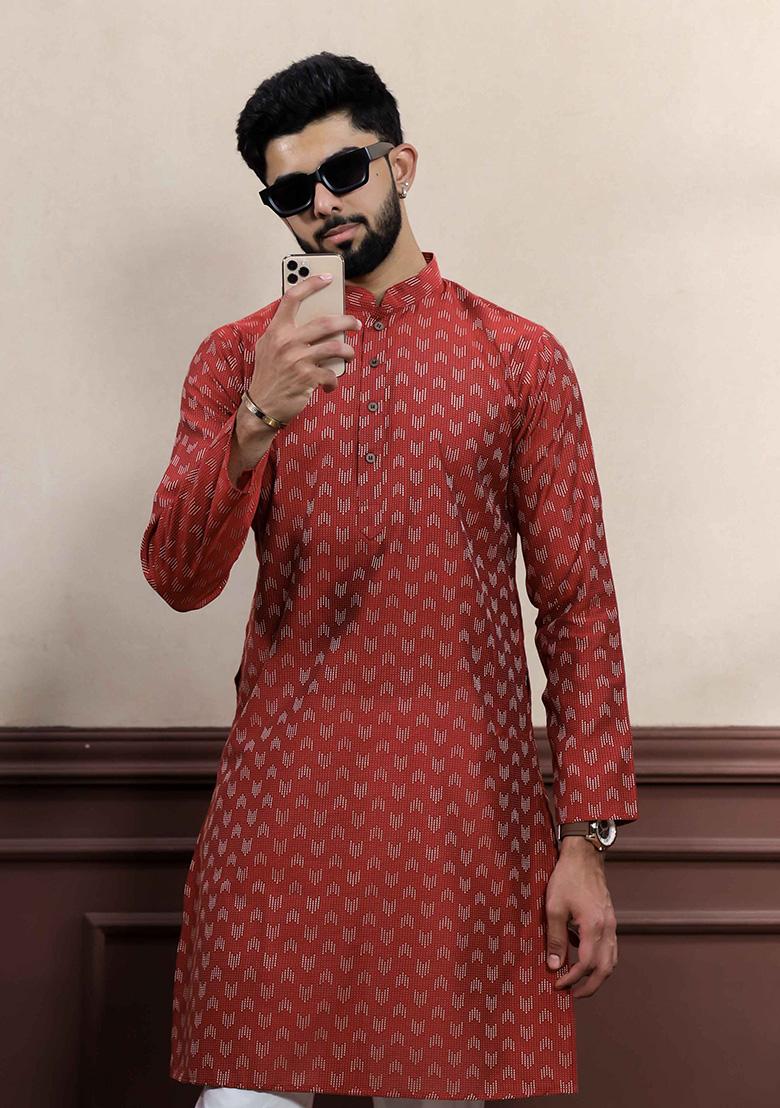 Red Printed Cotton Kurta Set For Men