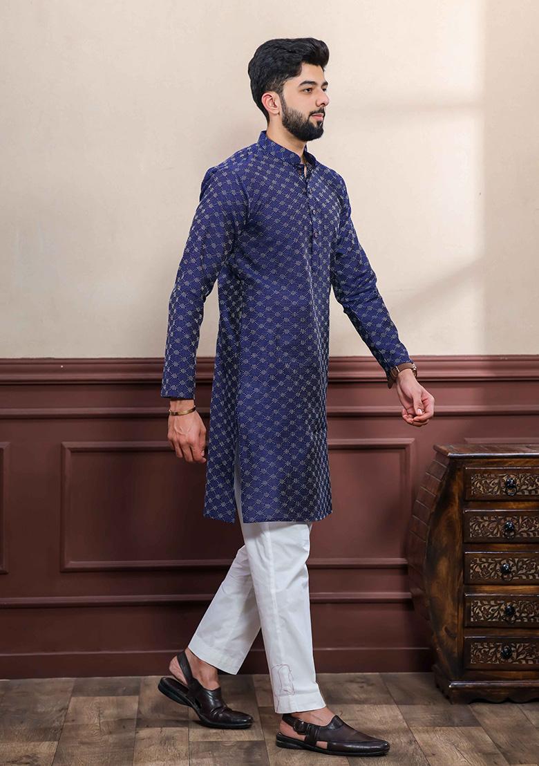 Navy Printed Cotton Kurta Set For Men
