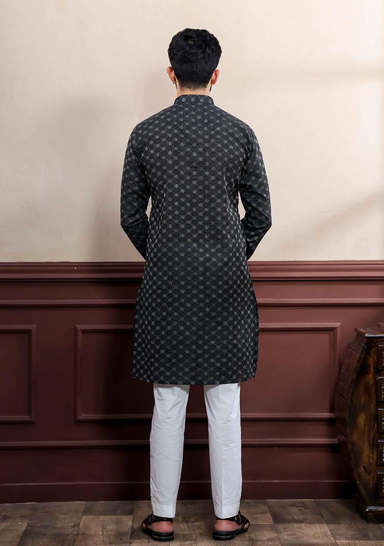 Black Printed Cotton Kurta Set For Men