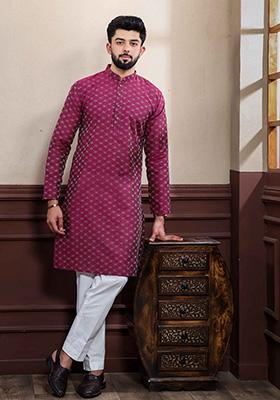 Purple Printed Cotton Kurta Set For Men