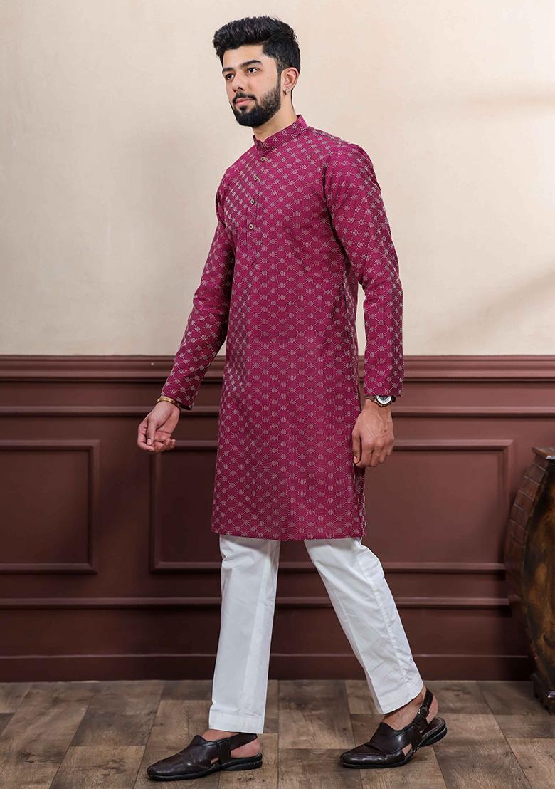 Purple Printed Cotton Kurta Set For Men