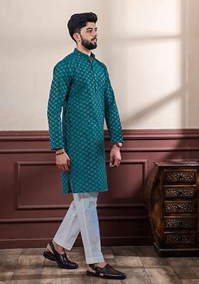 Teal Printed Cotton Kurta Set For Men