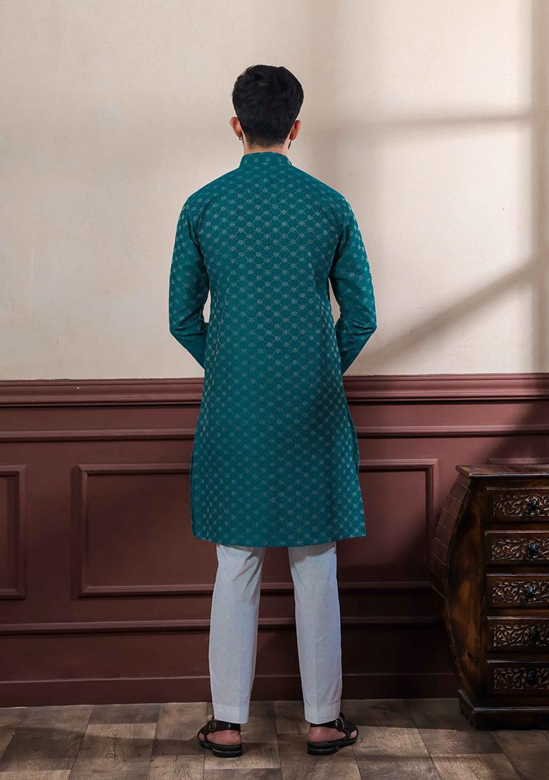 Teal Printed Cotton Kurta Set For Men