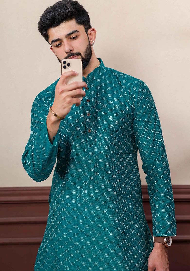 Teal Printed Cotton Kurta Set For Men